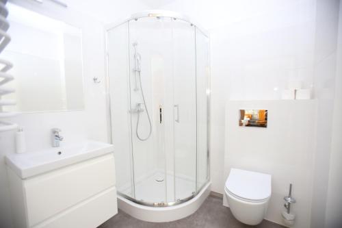 a white bathroom with a shower and a toilet at Dom Pielgrzyma w Kodniu in Kodeń