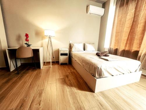 雅典Minimalistic Studio with Acropolis View Shared Roof Top的卧室里有一张床、一张书桌和一盏灯