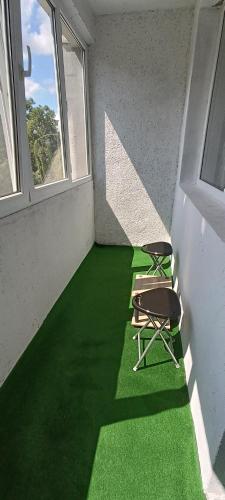 two chairs in an empty room with green carpet at M Family Apartment in Odorheiu Secuiesc
