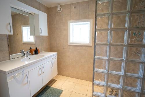 un baño con lavabo y ducha en Romsdal Lodge Tømmerhuset, en Isfjorden