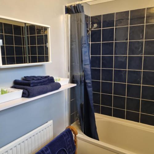 a bathroom with a shower and blue towels at Primrose Cottage in Plymouth