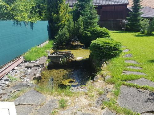a stream in a yard next to a body of water at Drevenica Vitanová in Vitanová