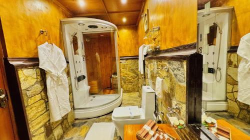 a bathroom with a shower and a toilet and a sink at Queenswood Cottage in Nuwara Eliya