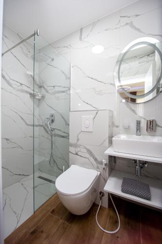 a bathroom with a toilet and a sink and a mirror at Apartment Sofija in Budva