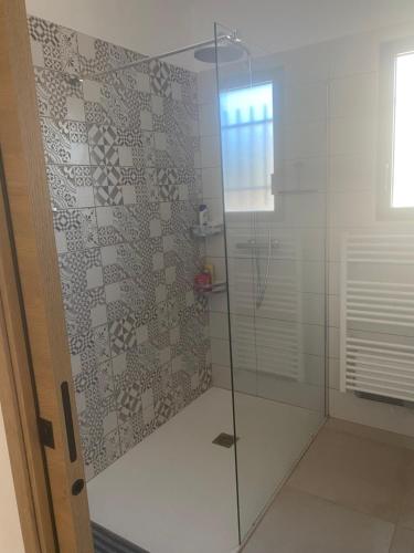 une salle de bain avec une douche avec une porte vitrée dans l'établissement Villa standing Arciquadra Porto Vecchio, à Lecci