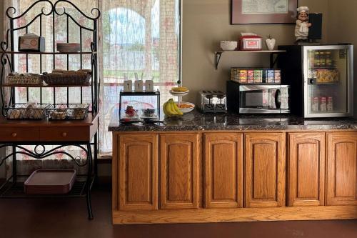 a kitchen with a counter with a microwave and a refrigerator at Econo Lodge Fredericksburg in Fredericksburg