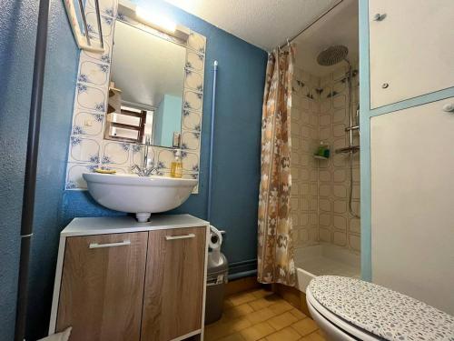 une salle de bain avec un lavabo, des toilettes et une douche dans l'établissement Maisonnette Résidence piscine- tennis 800m des plages 4SANT320, à Saint Pierre La Mer