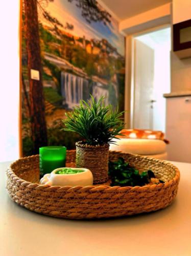 a basket with candles and plants on a table at Apartman EDEN in Jajce
