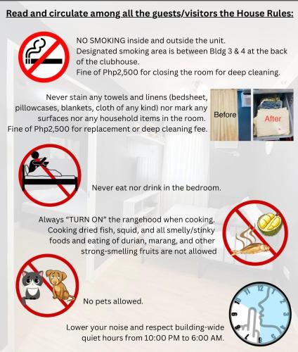 a sign that reads no smoking inside and outside the house rules at AR10 & AR11 1 bed 1 bath near airport in Davao City