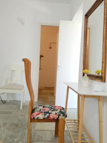 a chair with a floral seat next to a mirror at Oxalis Villas in Perlengiánika