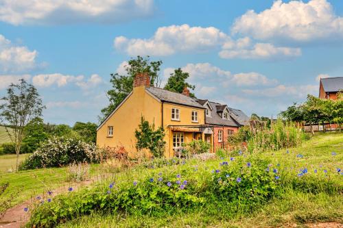 a yellow house in a field with purple flowers at Finest Retreats - Beili Glas Cottage in Penrhôs