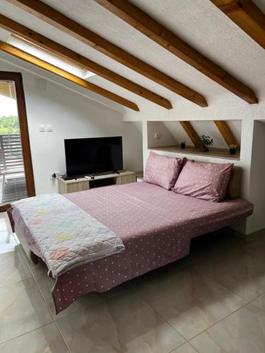 a bedroom with a large bed and a flat screen tv at Villa Marina in Ohrid