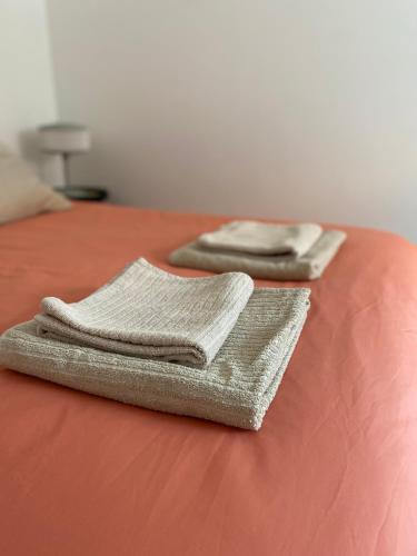 - deux serviettes assises au-dessus d'un lit dans l'établissement Chez Marcel - Maison agréable, à Dunkerque