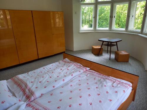 a large bed in a room with a table and windows at Vila Kotlářská in Děčín