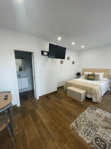 a bedroom with a bed and a tv on the wall at La casuca de Candela in Santillana del Mar