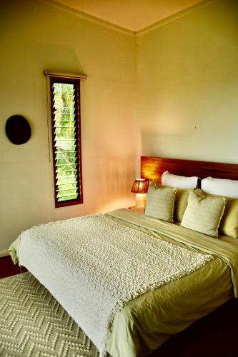 a bedroom with a large bed and a window at Birds Heaven Mareeba in Mareeba