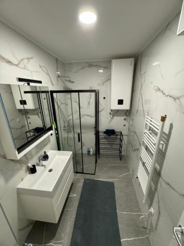 a bathroom with a sink and a mirror and a shower at Epicenter Suite in Trebinje
