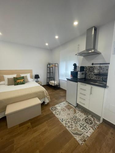 a bedroom with a bed and a stove in it at La casuca de Candela in Santillana del Mar