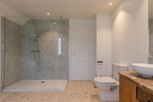 a bathroom with a shower and a toilet and a sink at Villa Camille in Sint-Idesbald