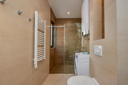 a bathroom with a shower and a toilet and a sink at BigMontenegro Dreams in Becici