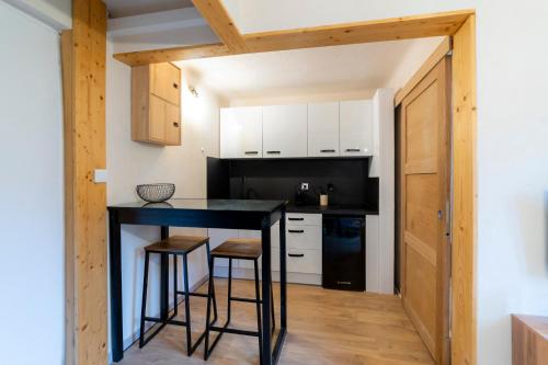 a kitchen with a black counter and a black refrigerator at La Galleanne studio agréable et chaleureux in Briançon