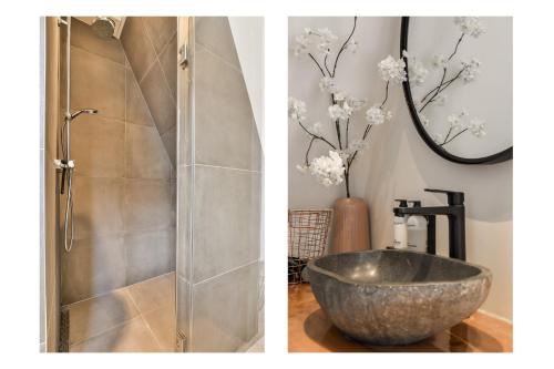 a bathroom with a shower and a bowl at Loft Studio's in Zandvoort