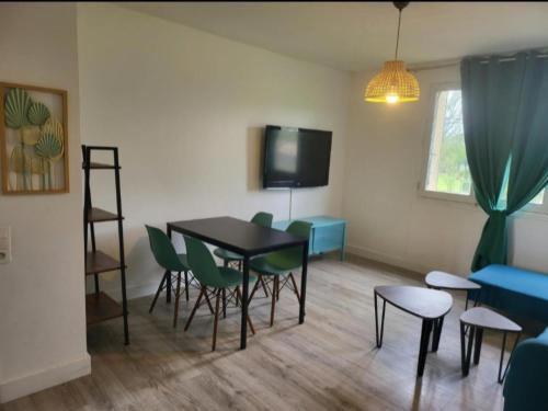 a living room with a table and chairs and a tv at Appartement Clermont-Ferrand F3 2 chambres 1 chambre avec 1 lit simple et 1 chambre avec 2 lits doubles in Clermont-Ferrand
