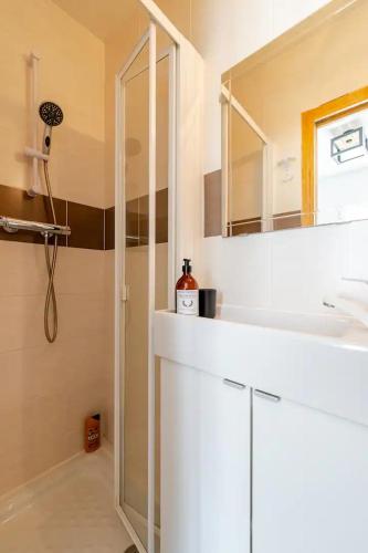 une salle de bain avec un lavabo blanc et un miroir dans l'établissement Très joli appartement équipé au calme, à Rozay-en-Brie