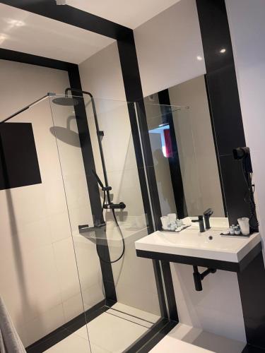 a bathroom with a shower and a sink at Canpol-Jull's Art Hotel in Człuchów