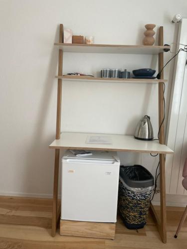 a desk with a refrigerator under a shelf at Casa Dora in Bern