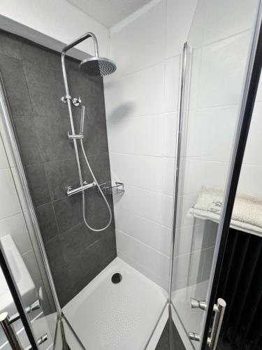 a shower with a glass door in a bathroom at Nordsee Wohlfühloase in Norden