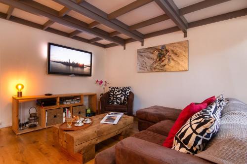 a living room with a couch and a tv at Résidence Grand Roc - Campanules 314 Happy Rentals in Chamonix-Mont-Blanc