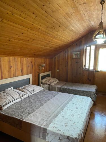 two beds in a room with wooden walls at Bjni Mer Dacha in Bjni