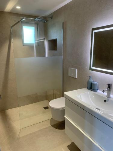une salle de bain avec une douche, des toilettes et un lavabo dans l'établissement 55m2 Charmante maison mitoyenne, jardin, parking, à Cannes