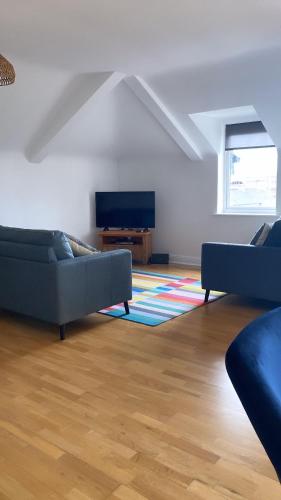 a living room with two couches and a flat screen tv at Mick's Place in Athy