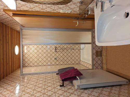 une cabine de douche dans une salle de bain à côté d'un lavabo dans l'établissement Ferienwohnungen Pollhammer, à Sankt Gallenkirch