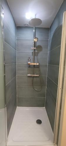 a bathroom with a shower with a glass door at SALAMANDRE in Jouarre