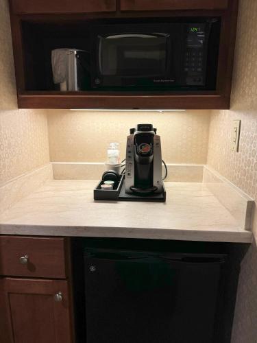 a camera sitting on a kitchen counter next to a microwave at Packwood House in Skaneateles