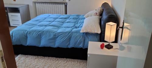 a bedroom with a bed with a blue blanket at La casa di Gianfri in Esanatoglia