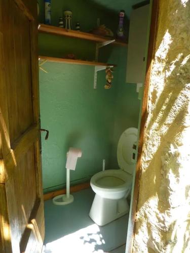 La salle de bains est pourvue de toilettes et d'un mur vert. dans l'établissement Maison charmante à Les Junies avec vue sur jardin, à Les Junies