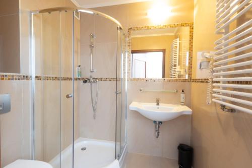 a bathroom with a shower and a sink at Noclegi Stadion Bed & Breakfast in Warsaw