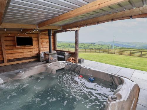 a pool of water in a wooden cabin with a tv at Rhosydd in Ruthin