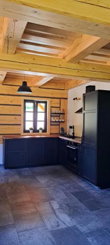 a large kitchen with wooden walls and a ceiling at Chalupa Vápenka in Stárkov