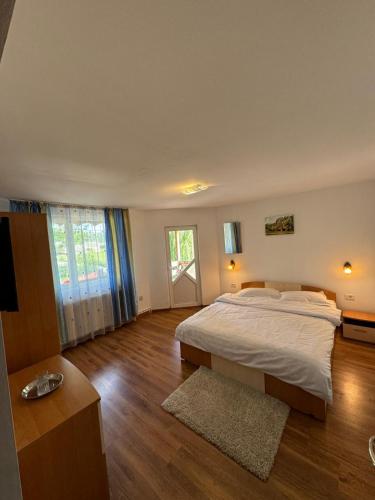 a bedroom with a large bed and a television at Casa Mariei in Vama Buzăului