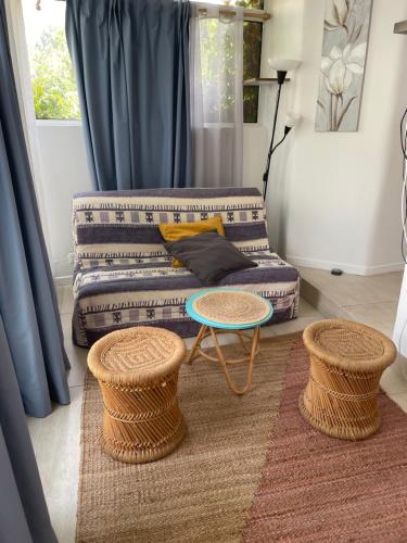 un salon avec un canapé et deux tables dans l'établissement Cozy house with parking and garden, à Nice