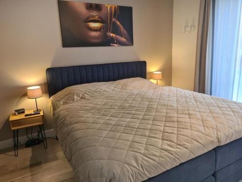 a bedroom with a bed with a painting on the wall at Lichthuys 102 in Cadzand