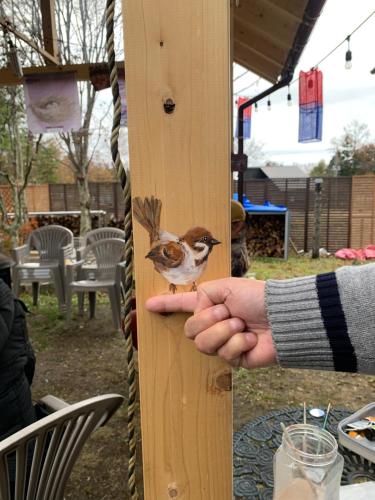 a person holding a small bird on their hand at STAY FUJI a in Yamanakako
