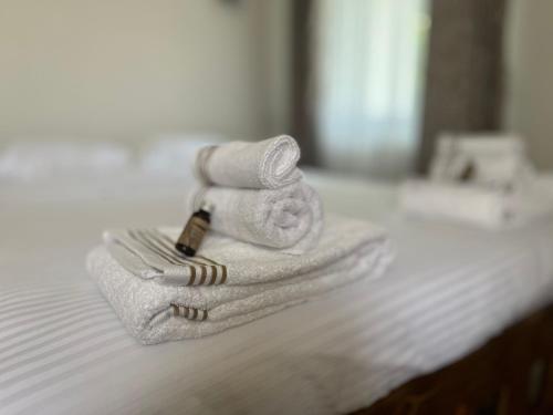 a pile of towels sitting on top of a bed at Casa Vonvea in Ocna Şugatag