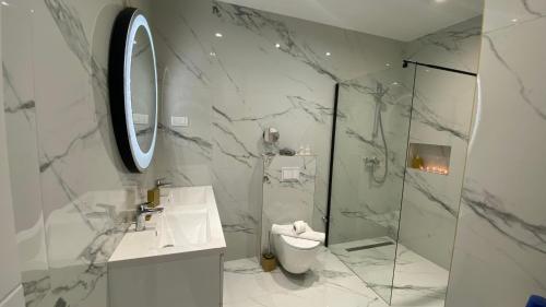 a bathroom with a shower and a toilet and a sink at Casa Blanca in Pag