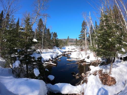 a river in the snow with snow covered trees at Domaine le Bostonnais - Le Village en Bois Rond in La Tuque